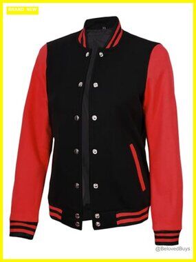Fleece Varsity Bomber Jacket Button Closure Letterman Women's